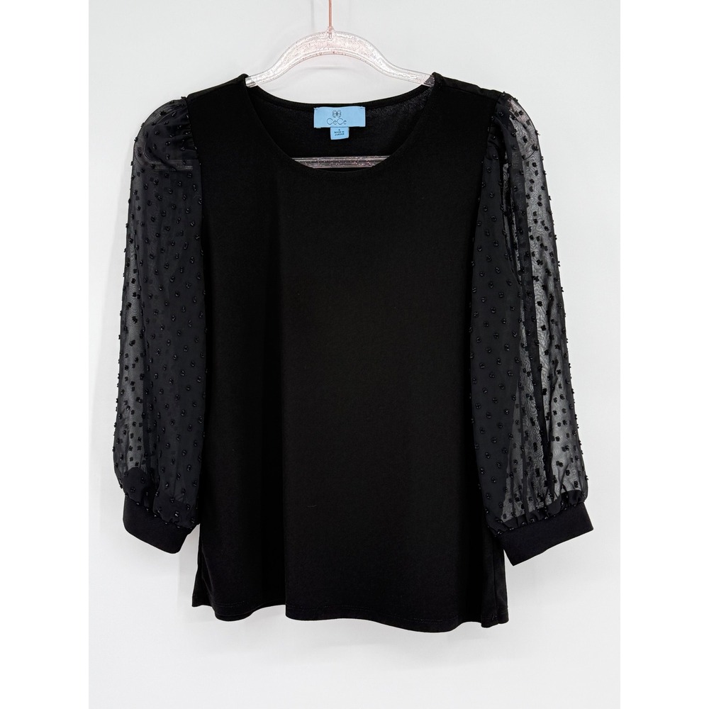 CeCe Womens‎ Black Knit Top Sheer Clip Dot Puff Sleeve Crew Neck Sz S
